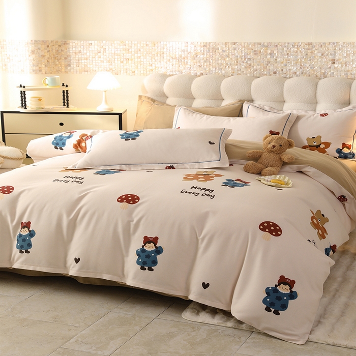 91家纺网 家纺一手货源 找家纺 帛美家纺 2025年新款加厚纯棉全棉磨毛印花四件套 快乐熊