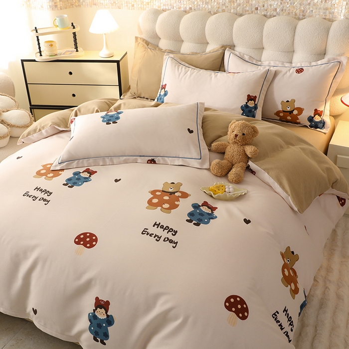 91家纺网 家纺一手货源 找家纺 帛美家纺 2025年新款加厚纯棉全棉磨毛印花四件套 快乐熊