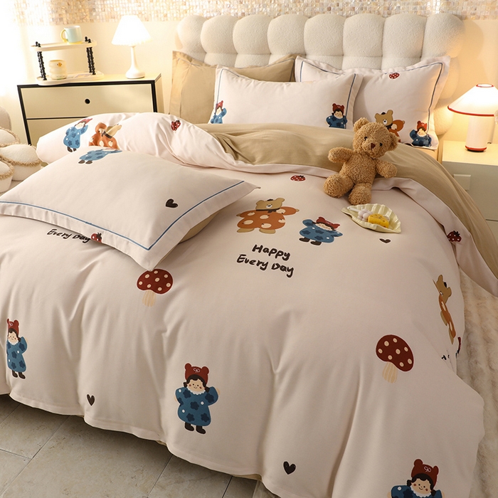 91家纺网 家纺一手货源 找家纺 帛美家纺 2025年新款加厚纯棉全棉磨毛印花四件套 快乐熊