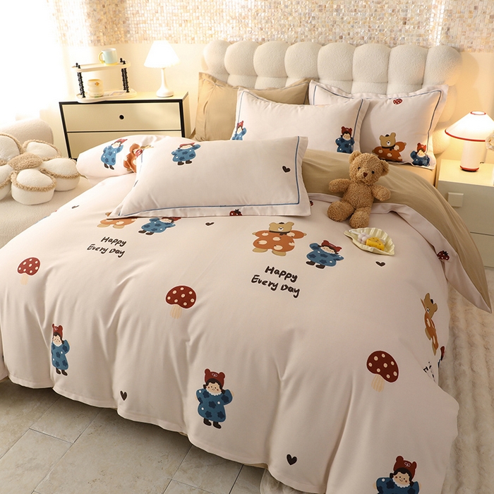 91家纺网 家纺一手货源 找家纺 帛美家纺 2025年新款加厚纯棉全棉磨毛印花四件套 快乐熊