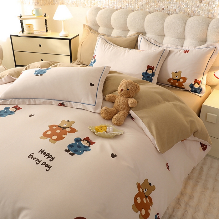 91家纺网 家纺一手货源 找家纺 帛美家纺 2025年新款加厚纯棉全棉磨毛印花四件套 快乐熊