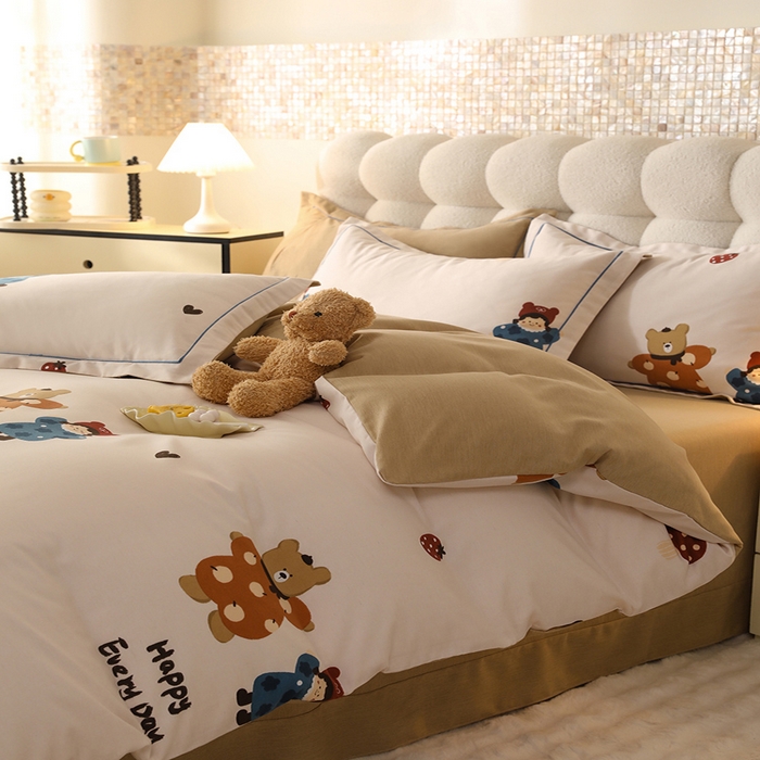 91家纺网 家纺一手货源 找家纺 帛美家纺 2025年新款加厚纯棉全棉磨毛印花四件套 快乐熊