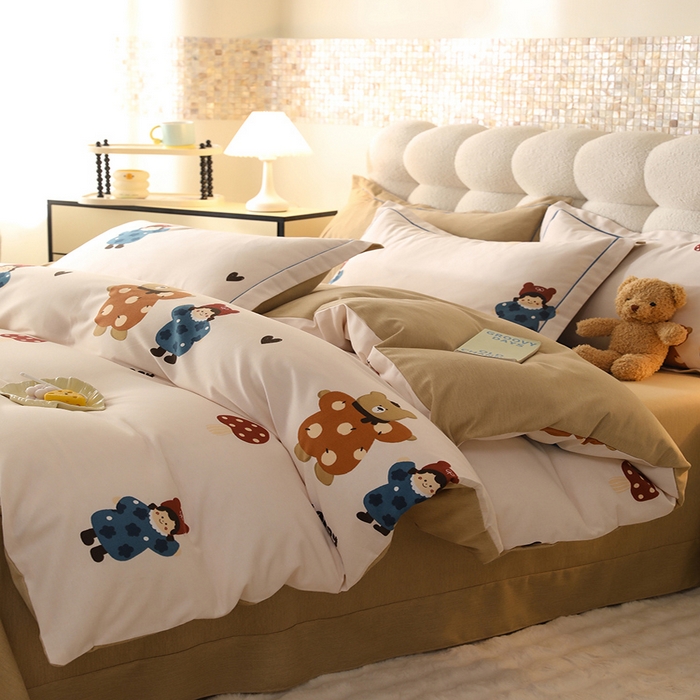 91家纺网 家纺一手货源 找家纺 帛美家纺 2025年新款加厚纯棉全棉磨毛印花四件套 快乐熊