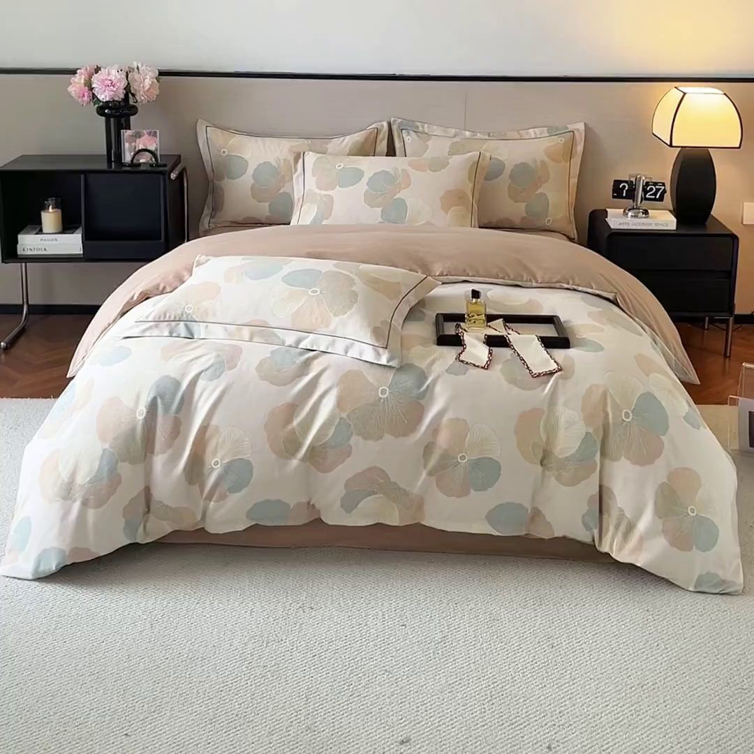 91家纺网 家纺一手货源 找家纺 帛美家纺 2025年新款加厚纯棉全棉磨毛印花四件套 乌木茶香-米