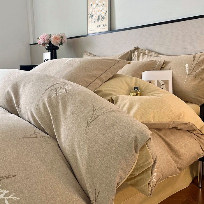 帛美家纺 2025年新款加厚纯棉全棉磨毛印花四件套 夏栀里-咖