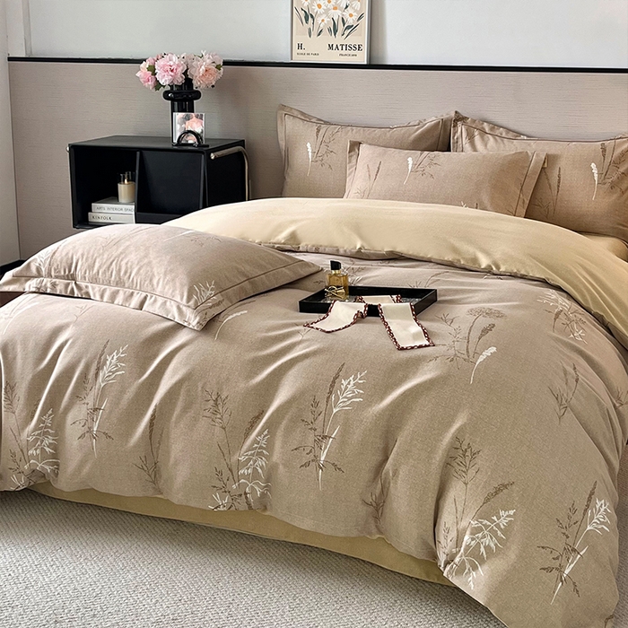 91家纺网 家纺一手货源 找家纺 帛美家纺 2025年新款加厚纯棉全棉磨毛印花四件套 夏栀里-咖