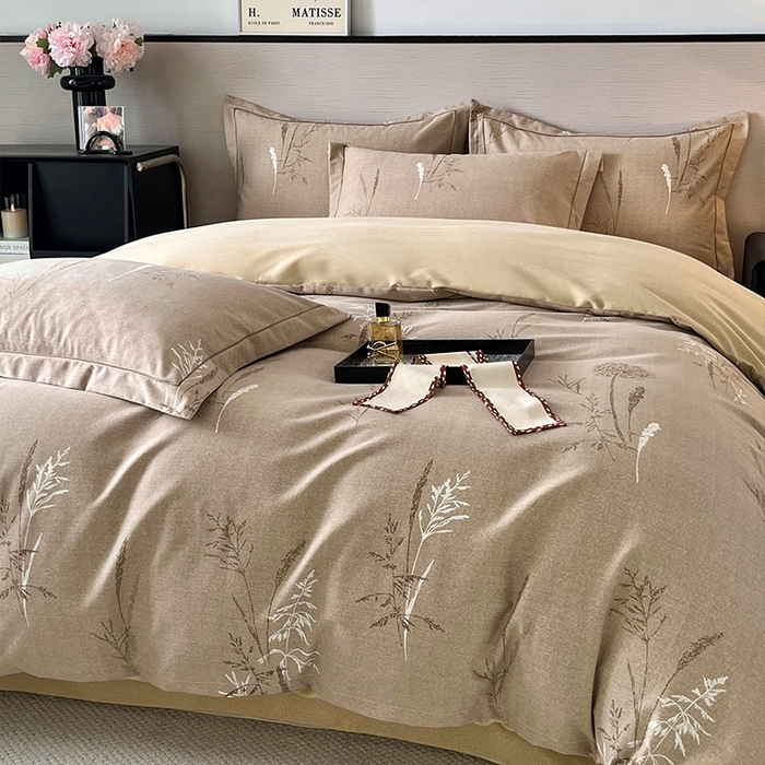 91家纺网 家纺一手货源 找家纺 帛美家纺 2025年新款加厚纯棉全棉磨毛印花四件套 夏栀里-咖