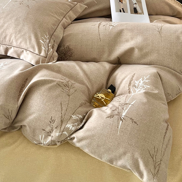 91家纺网 家纺一手货源 找家纺 帛美家纺 2025年新款加厚纯棉全棉磨毛印花四件套 夏栀里-咖