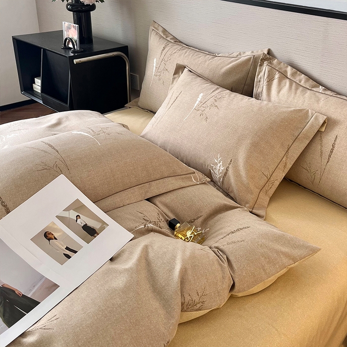 91家纺网 家纺一手货源 找家纺 帛美家纺 2025年新款加厚纯棉全棉磨毛印花四件套 夏栀里-咖