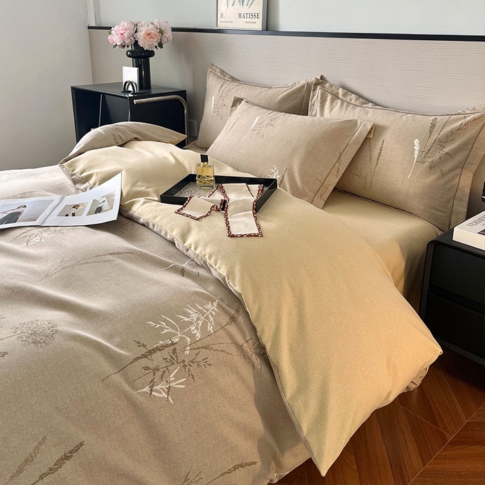 91家纺网 家纺一手货源 找家纺 帛美家纺 2025年新款加厚纯棉全棉磨毛印花四件套 夏栀里-咖