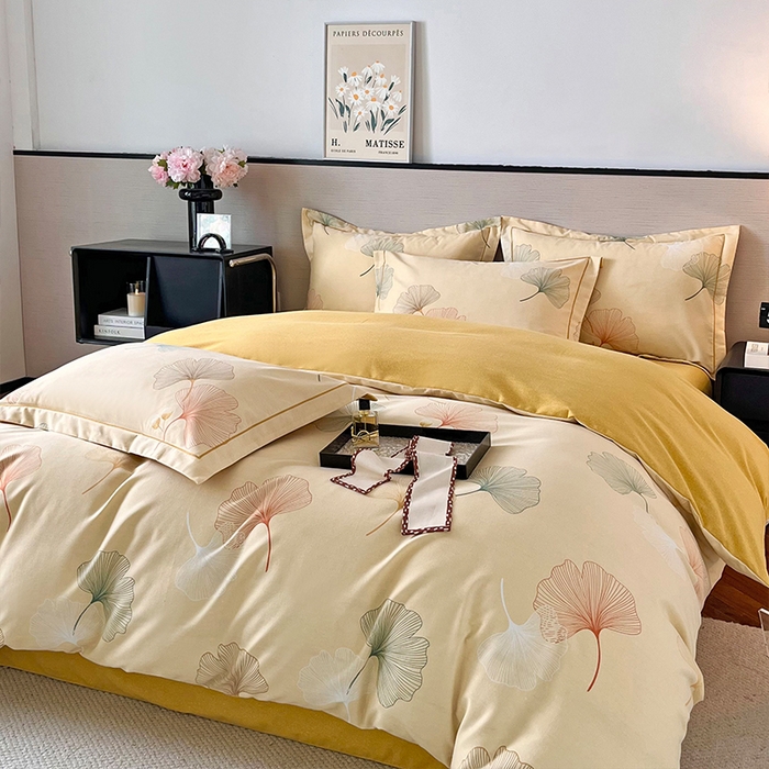 91家纺网 家纺一手货源 找家纺 帛美家纺 2025年新款加厚纯棉全棉磨毛印花四件套 一叶知秋