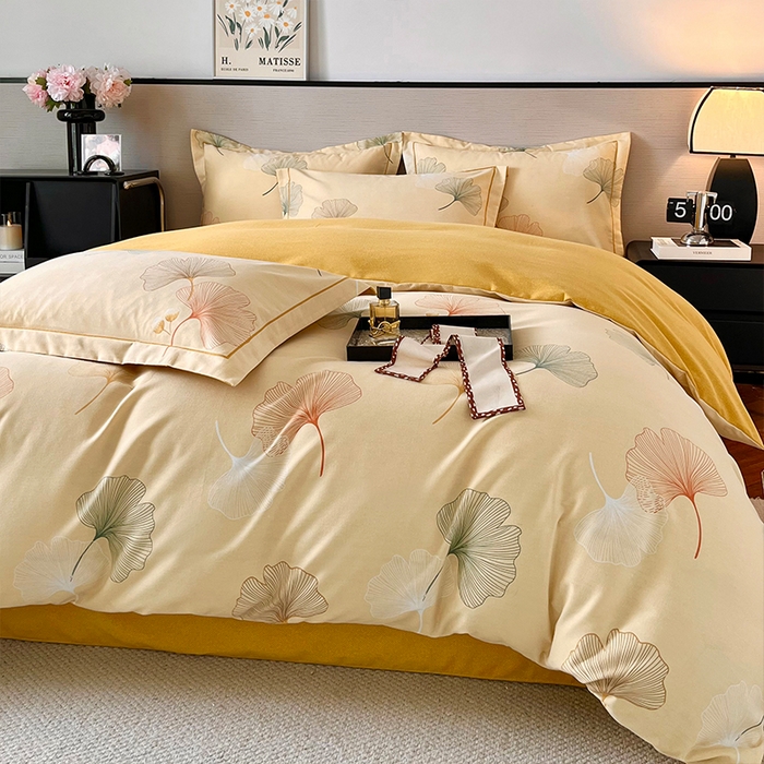 91家纺网 家纺一手货源 找家纺 帛美家纺 2025年新款加厚纯棉全棉磨毛印花四件套 一叶知秋