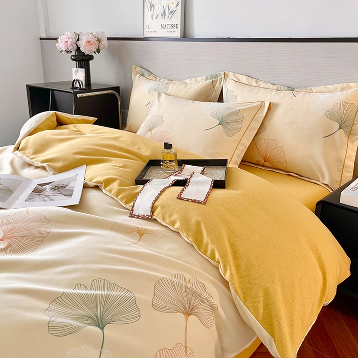 91家纺网 家纺一手货源 找家纺 帛美家纺 2025年新款加厚纯棉全棉磨毛印花四件套 一叶知秋