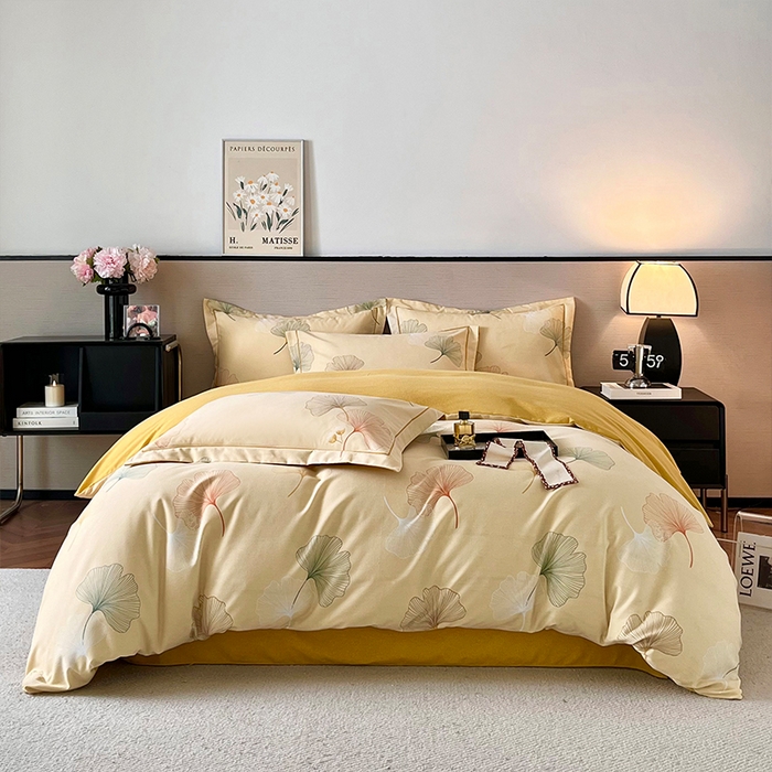 91家纺网 家纺一手货源 找家纺 帛美家纺 2025年新款加厚纯棉全棉磨毛印花四件套 一叶知秋