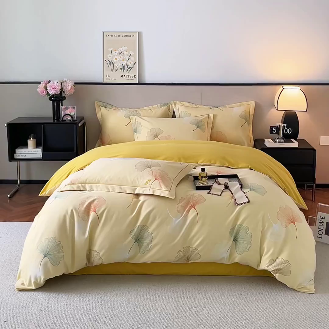 91家纺网 家纺一手货源 找家纺 帛美家纺 2025年新款加厚纯棉全棉磨毛印花四件套 一叶知秋