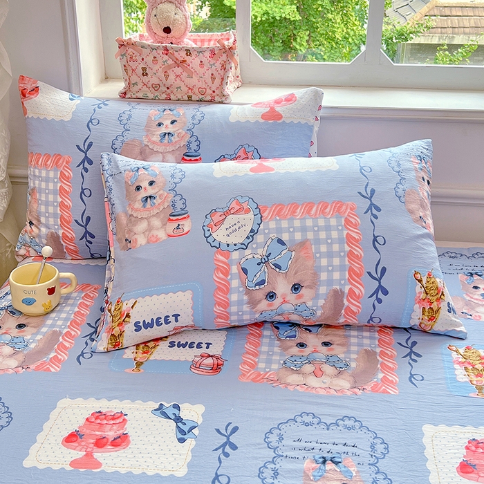 91家纺网 家纺一手货源 找家纺 优尚佳生活馆 2025新款亲肤水洗棉印花床单单品床单单件单床单 床单款-甜趣猫咪