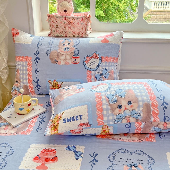 91家纺网 家纺一手货源 找家纺 优尚佳生活馆 2025新款亲肤水洗棉印花床单单品床单单件单床单 床单款-甜趣猫咪