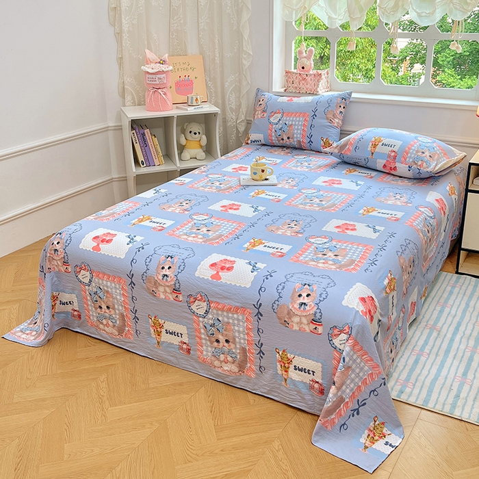 91家纺网 家纺一手货源 找家纺 优尚佳生活馆 2025新款亲肤水洗棉印花床单单品床单单件单床单 床单款-甜趣猫咪