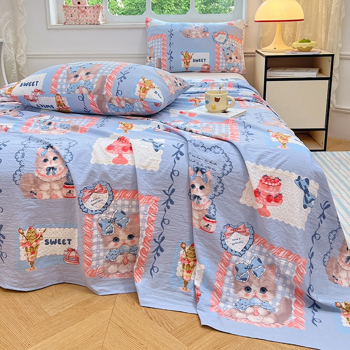 91家纺网 家纺一手货源 找家纺 优尚佳生活馆 2025新款亲肤水洗棉印花床单单品床单单件单床单 床单款-甜趣猫咪