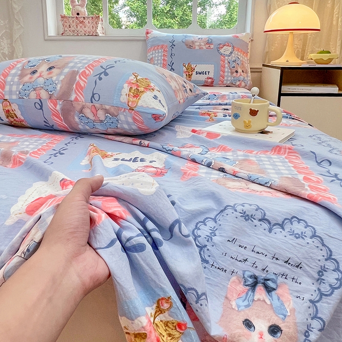 91家纺网 家纺一手货源 找家纺 优尚佳生活馆 2025新款亲肤水洗棉印花床单单品床单单件单床单 床单款-甜趣猫咪