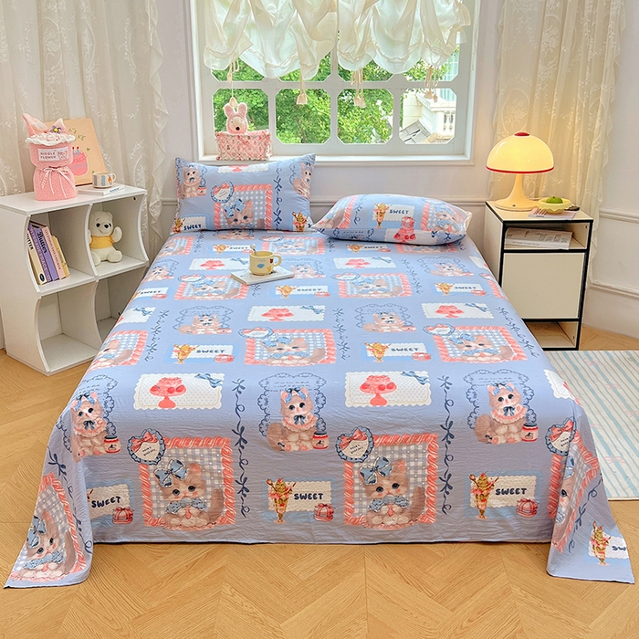 91家纺网 家纺一手货源 找家纺 优尚佳生活馆 2025新款亲肤水洗棉印花床单单品床单单件单床单 床单款-甜趣猫咪
