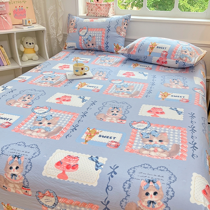 91家纺网 家纺一手货源 找家纺 优尚佳生活馆 2025新款亲肤水洗棉印花床单单品床单单件单床单 床单款-甜趣猫咪