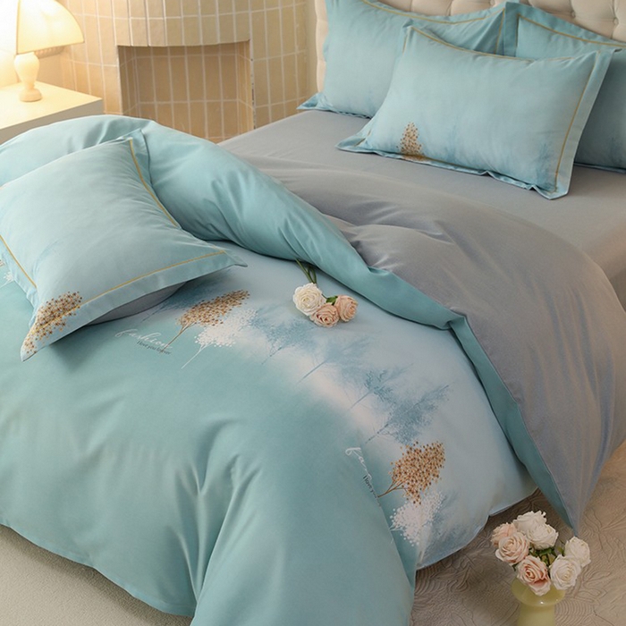 91家纺网 家纺一手货源 找家纺 帛美家纺 2025年新款加厚纯棉全棉磨毛印花四件套 影松半山