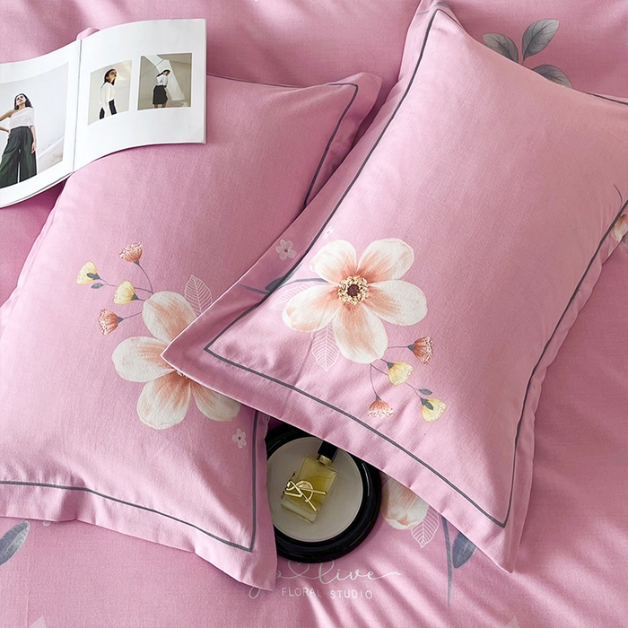 91家纺网 家纺一手货源 找家纺 帛美家纺 2025年新款加厚纯棉全棉磨毛印花四件套 遇春雪-粉