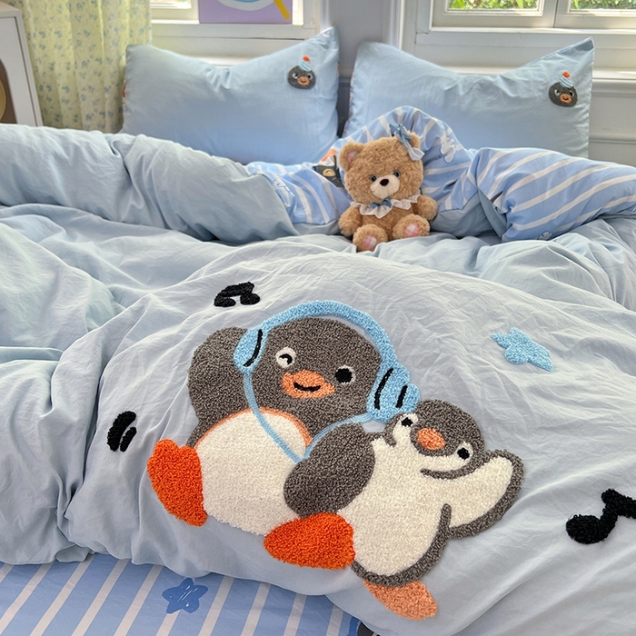 91家纺网 家纺一手货源 找家纺 优尚佳生活馆 2025新款水洗棉印花毛巾绣四件套【提供买家秀】 音乐企鹅