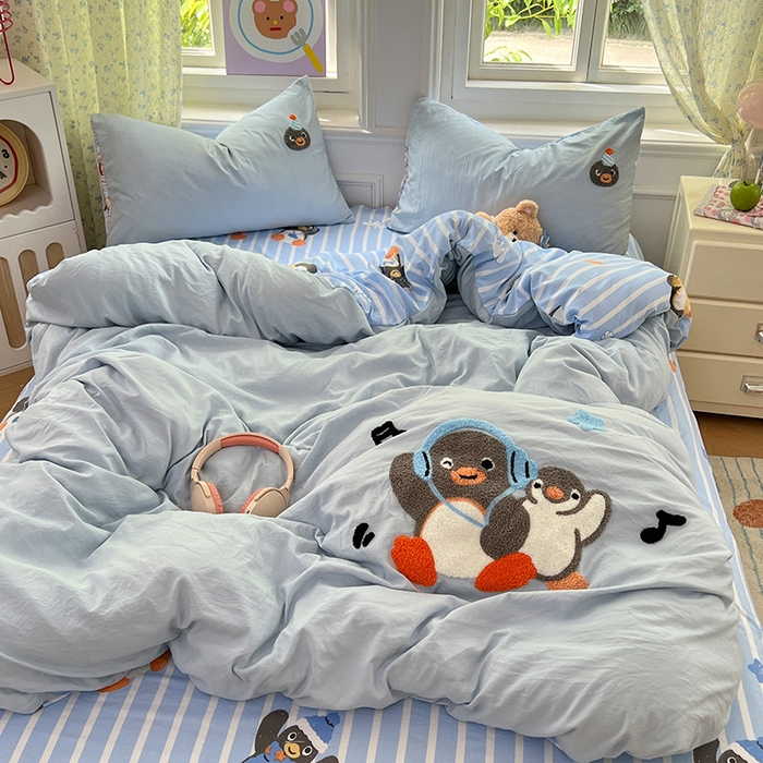 91家纺网 家纺一手货源 找家纺 优尚佳生活馆 2025新款水洗棉印花毛巾绣四件套【提供买家秀】 音乐企鹅