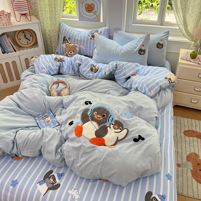 91家纺网 家纺一手货源 找家纺 优尚佳生活馆 2025新款水洗棉印花毛巾绣四件套【提供买家秀】 音乐企鹅