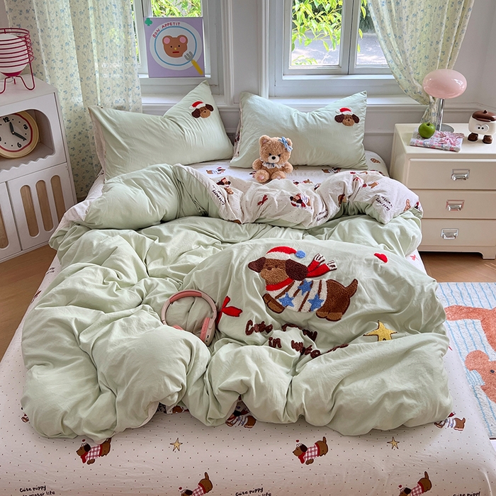 91家纺网 家纺一手货源 找家纺 优尚佳生活馆 2025新款水洗棉印花毛巾绣四件套【提供买家秀】 腊肠狗