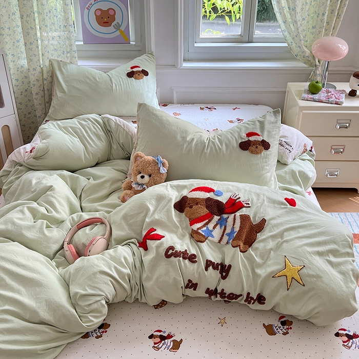 91家纺网 家纺一手货源 找家纺 优尚佳生活馆 2025新款水洗棉印花毛巾绣四件套【提供买家秀】 腊肠狗