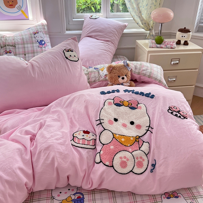 91家纺网 家纺一手货源 找家纺 优尚佳生活馆 2025新款水洗棉印花毛巾绣四件套【提供买家秀】 KT猫