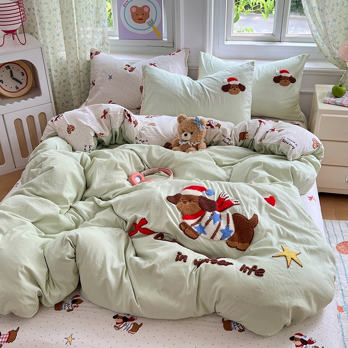 91家纺网 家纺一手货源 找家纺 优尚佳生活馆 2025新款水洗棉印花毛巾绣四件套【提供买家秀】 腊肠狗