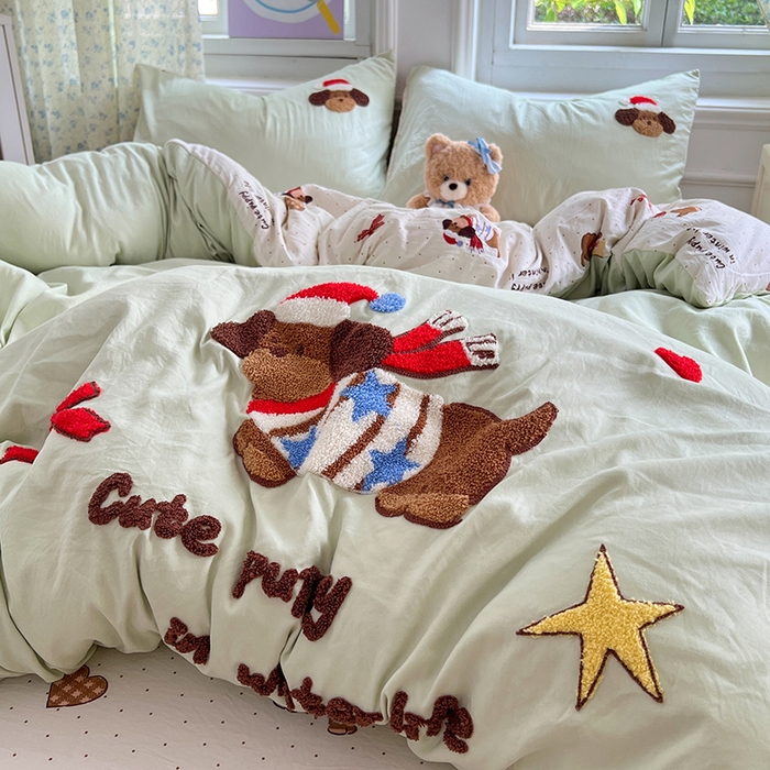 91家纺网 家纺一手货源 找家纺 优尚佳生活馆 2025新款水洗棉印花毛巾绣四件套【提供买家秀】 腊肠狗