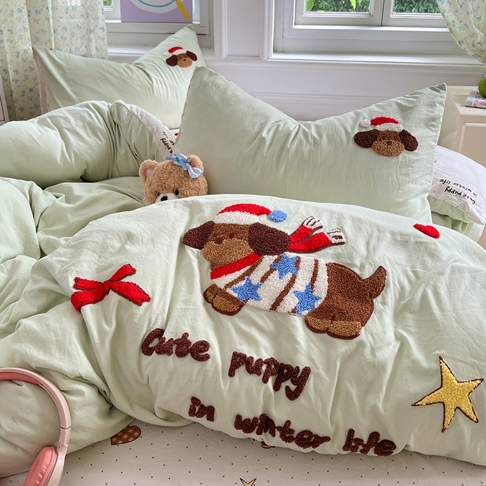 91家纺网 家纺一手货源 找家纺 优尚佳生活馆 2025新款水洗棉印花毛巾绣四件套【提供买家秀】 腊肠狗