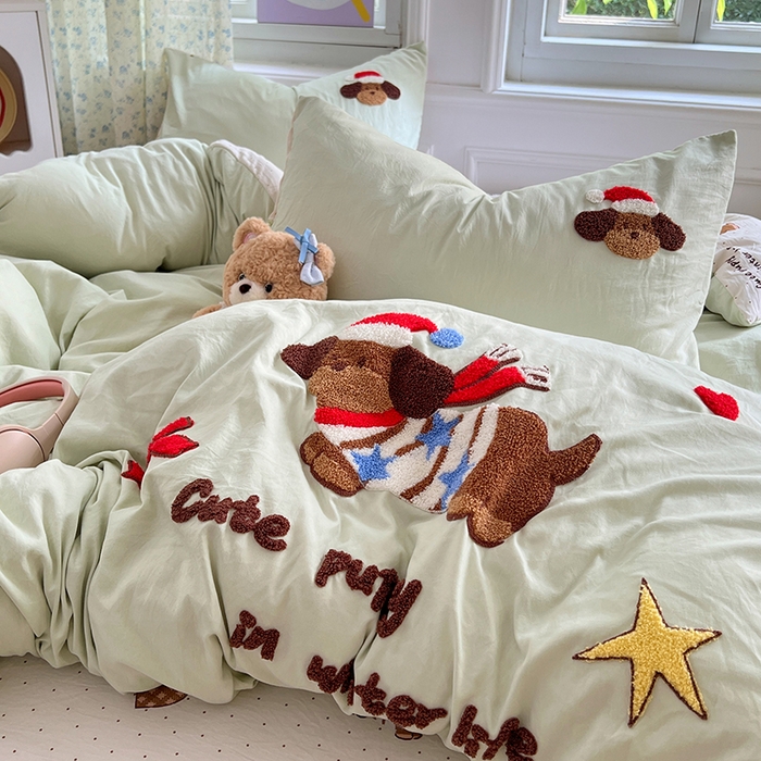 91家纺网 家纺一手货源 找家纺 优尚佳生活馆 2025新款水洗棉印花毛巾绣四件套【提供买家秀】 腊肠狗