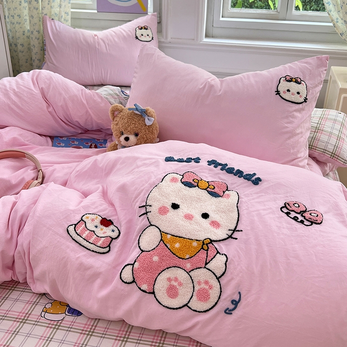 91家纺网 家纺一手货源 找家纺 优尚佳生活馆 2025新款水洗棉印花毛巾绣四件套【提供买家秀】 KT猫