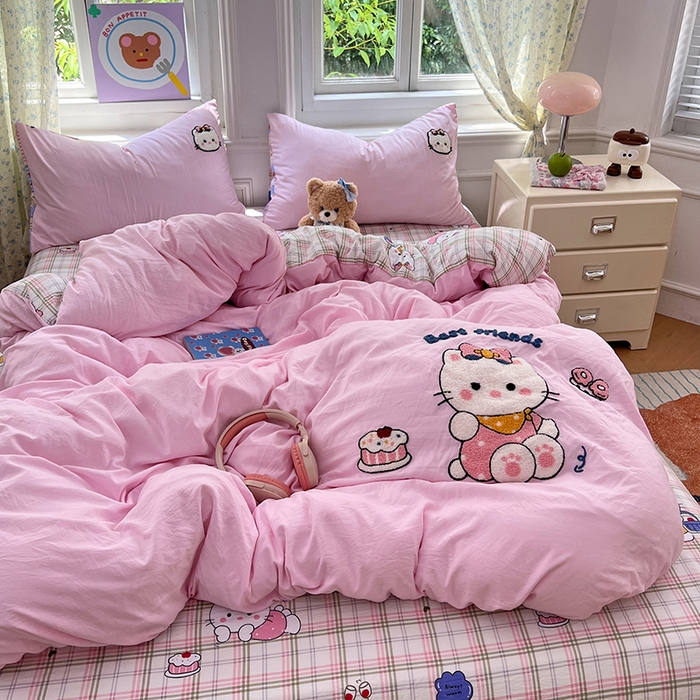 91家纺网 家纺一手货源 找家纺 优尚佳生活馆 2025新款水洗棉印花毛巾绣四件套【提供买家秀】 KT猫