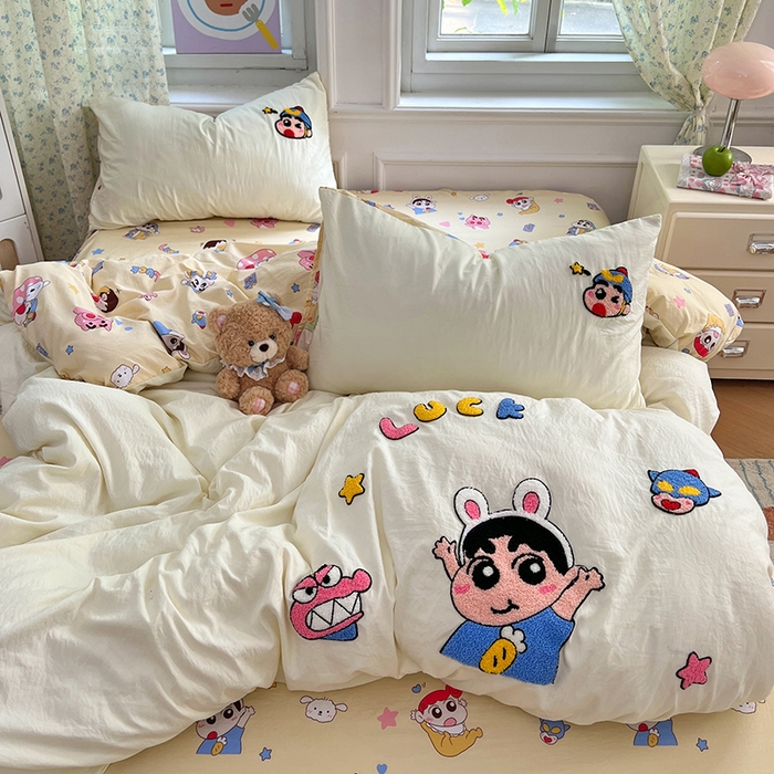 91家纺网 家纺一手货源 找家纺 优尚佳生活馆 2025新款水洗棉印花毛巾绣四件套【提供买家秀】 蜡笔小新