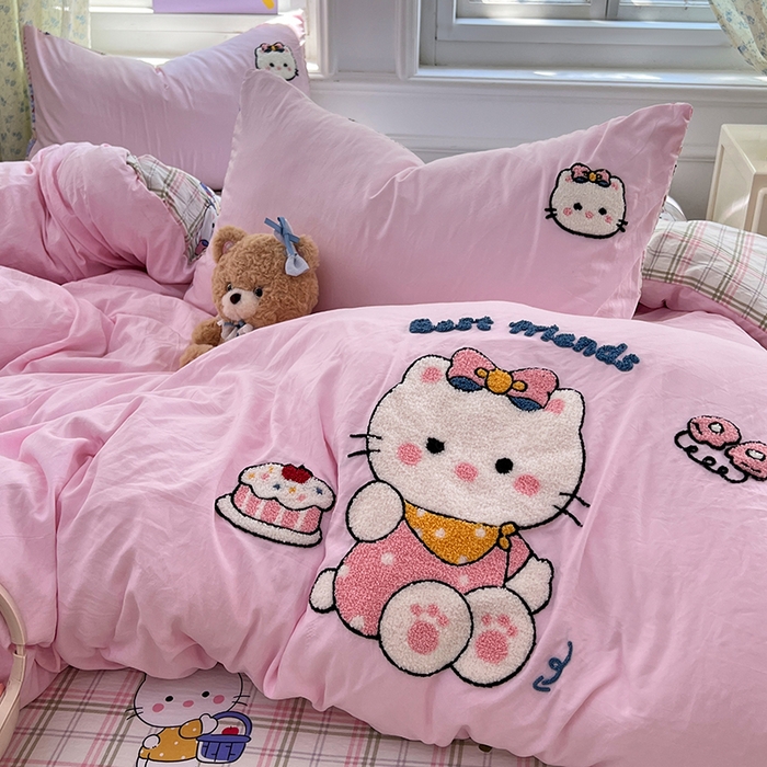 91家纺网 家纺一手货源 找家纺 优尚佳生活馆 2025新款水洗棉印花毛巾绣四件套【提供买家秀】 KT猫