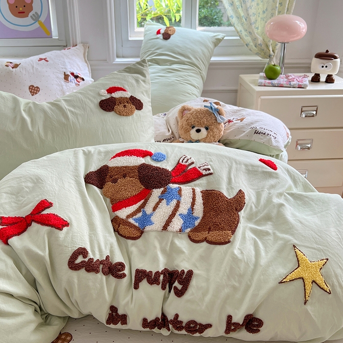 91家纺网 家纺一手货源 找家纺 优尚佳生活馆 2025新款水洗棉印花毛巾绣四件套【提供买家秀】 腊肠狗