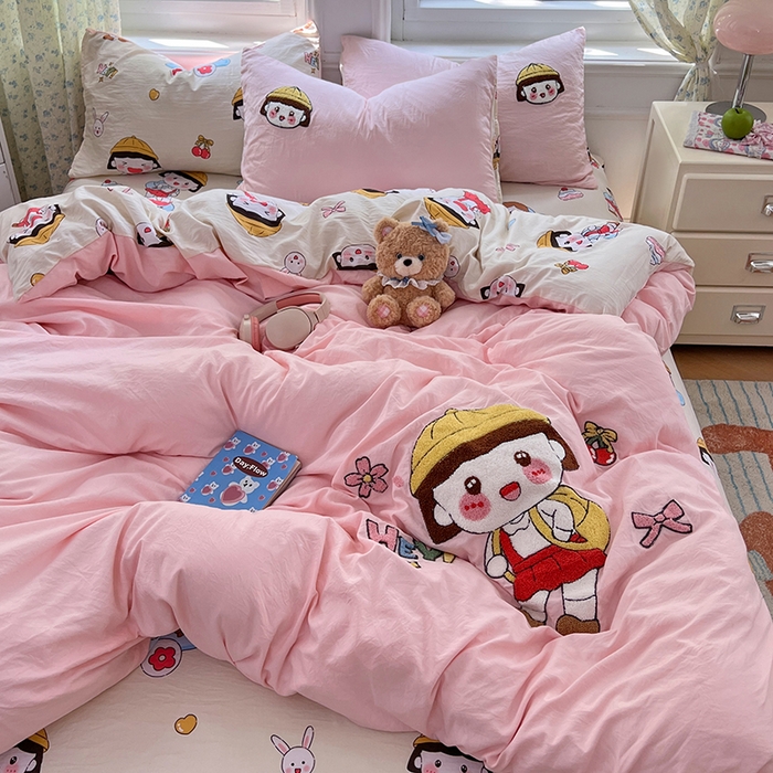 91家纺网 家纺一手货源 找家纺 优尚佳生活馆 2025新款水洗棉印花毛巾绣四件套【提供买家秀】 俏皮小丸子