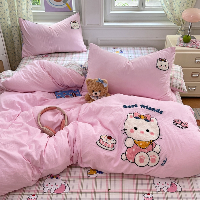 91家纺网 家纺一手货源 找家纺 优尚佳生活馆 2025新款水洗棉印花毛巾绣四件套【提供买家秀】 KT猫