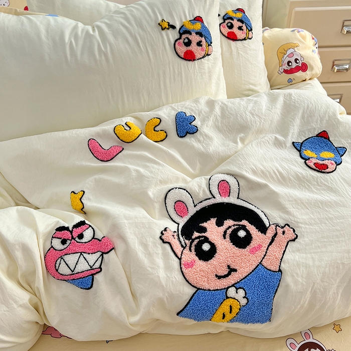 91家纺网 家纺一手货源 找家纺 优尚佳生活馆 2025新款水洗棉印花毛巾绣四件套【提供买家秀】 蜡笔小新