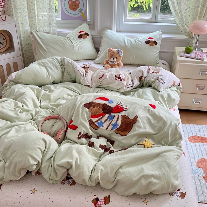 91家纺网 家纺一手货源 找家纺 优尚佳生活馆 2025新款水洗棉印花毛巾绣四件套【提供买家秀】 腊肠狗