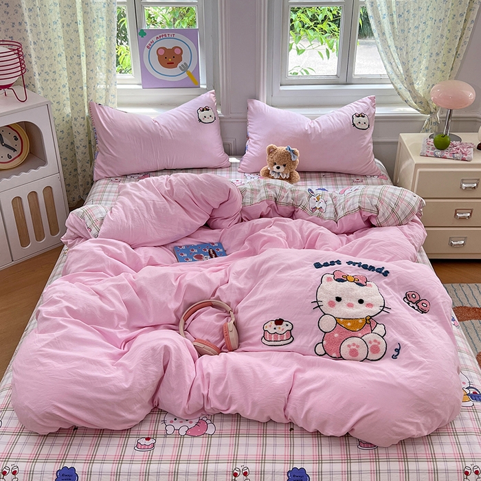 91家纺网 家纺一手货源 找家纺 优尚佳生活馆 2025新款水洗棉印花毛巾绣四件套【提供买家秀】 KT猫