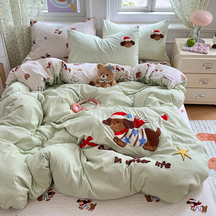 91家纺网 家纺一手货源 找家纺 优尚佳生活馆 2025新款水洗棉印花毛巾绣四件套【提供买家秀】 腊肠狗