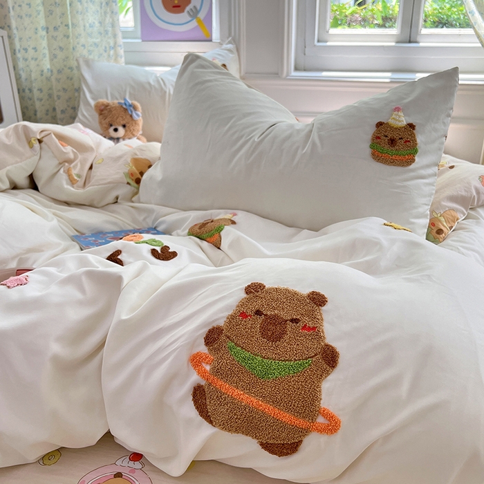 91家纺网 家纺一手货源 找家纺 优尚佳生活馆 2025新款水洗棉印花毛巾绣四件套【提供买家秀】 卡皮巴拉